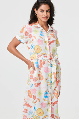 White | Abstract Tie Waist Midi Shirt Dress
