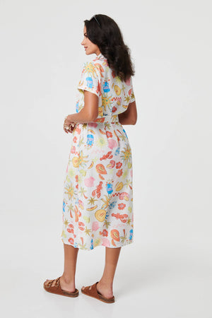 White | Abstract Tie Waist Midi Shirt Dress
