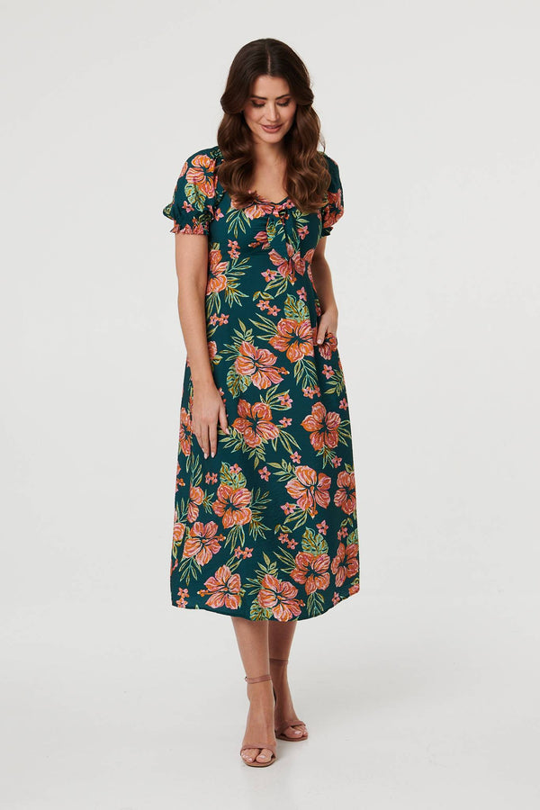 Green | Floral Tie Short Puff Sleeve Midi Dress