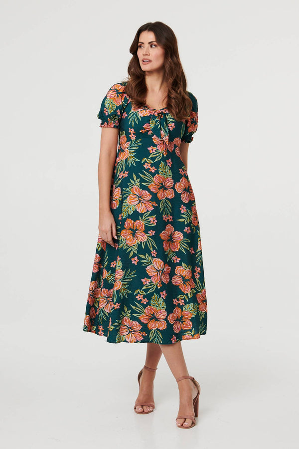 Green | Floral Tie Short Puff Sleeve Midi Dress