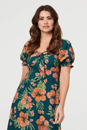 Green | Floral Tie Short Puff Sleeve Midi Dress