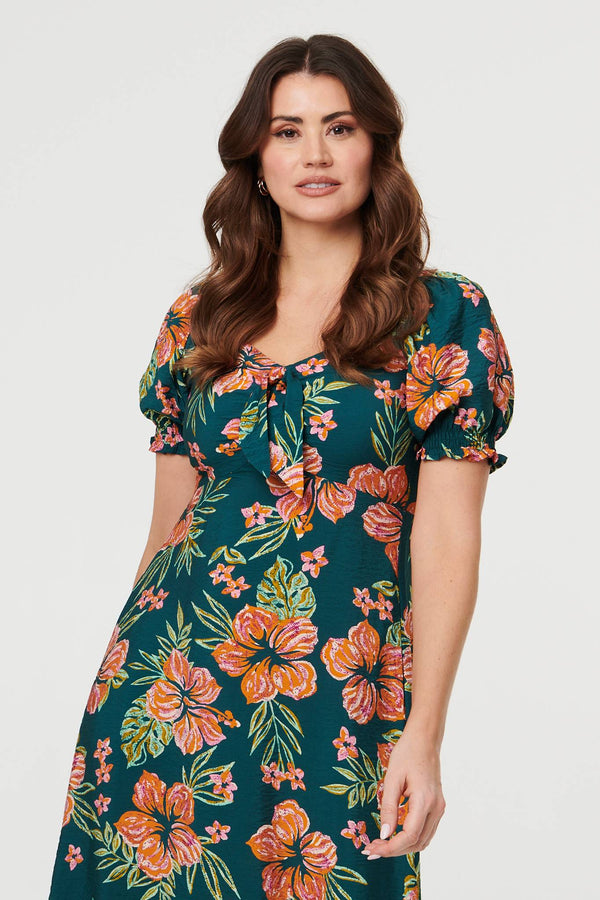 Green | Floral Tie Short Puff Sleeve Midi Dress