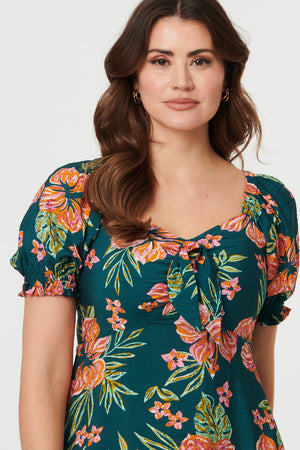 Green | Floral Tie Short Puff Sleeve Midi Dress