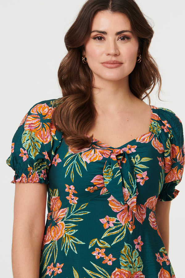 Green | Floral Tie Short Puff Sleeve Midi Dress