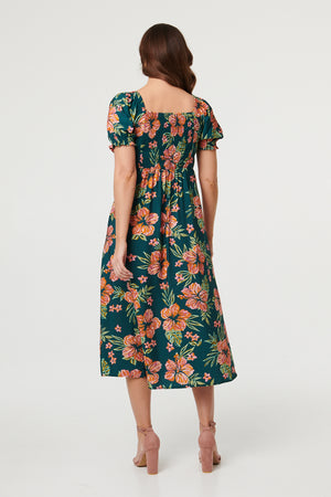 Green | Floral Tie Short Puff Sleeve Midi Dress