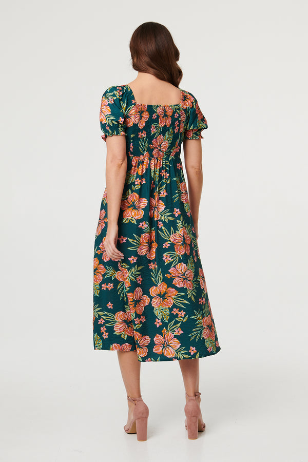 Green | Floral Tie Short Puff Sleeve Midi Dress