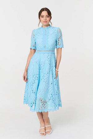 Blue | Floral Lace Cut Out Frilled Trim Midi Dress