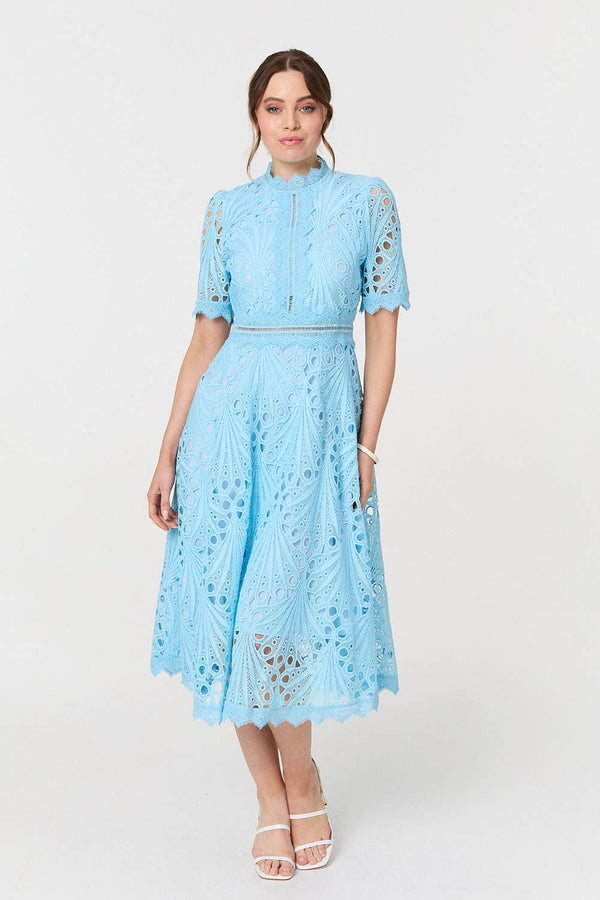 Blue | Floral Lace Cut Out Frilled Trim Midi Dress