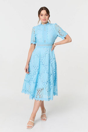 Blue | Floral Lace Cut Out Frilled Trim Midi Dress : Model is 5'9
