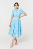 Blue | Floral Lace Cut Out Frilled Trim Midi Dress