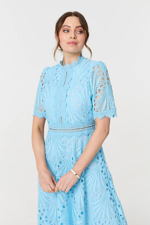 Blue | Floral Lace Cut Out Frilled Trim Midi Dress
