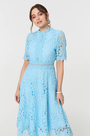 Blue | Floral Lace Cut Out Frilled Trim Midi Dress