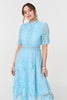 Blue | Floral Lace Cut Out Frilled Trim Midi Dress