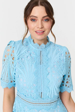 Blue | Floral Lace Cut Out Frilled Trim Midi Dress
