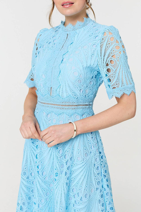 Blue | Floral Lace Cut Out Frilled Trim Midi Dress
