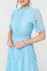 Blue | Floral Lace Cut Out Frilled Trim Midi Dress