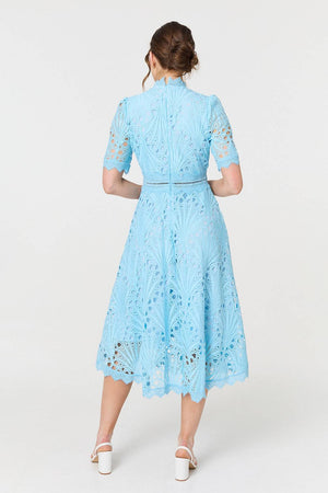 Blue | Floral Lace Cut Out Frilled Trim Midi Dress