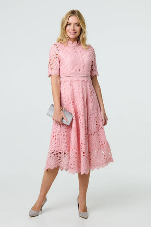 Pink | Floral Lace Cut Out Frilled Trim Midi Dress : Model is 5'10