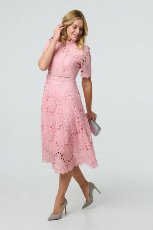 Pink | Floral Lace Cut Out Frilled Trim Midi Dress
