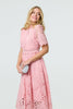 Pink | Floral Lace Cut Out Frilled Trim Midi Dress
