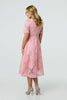 Pink | Floral Lace Cut Out Frilled Trim Midi Dress
