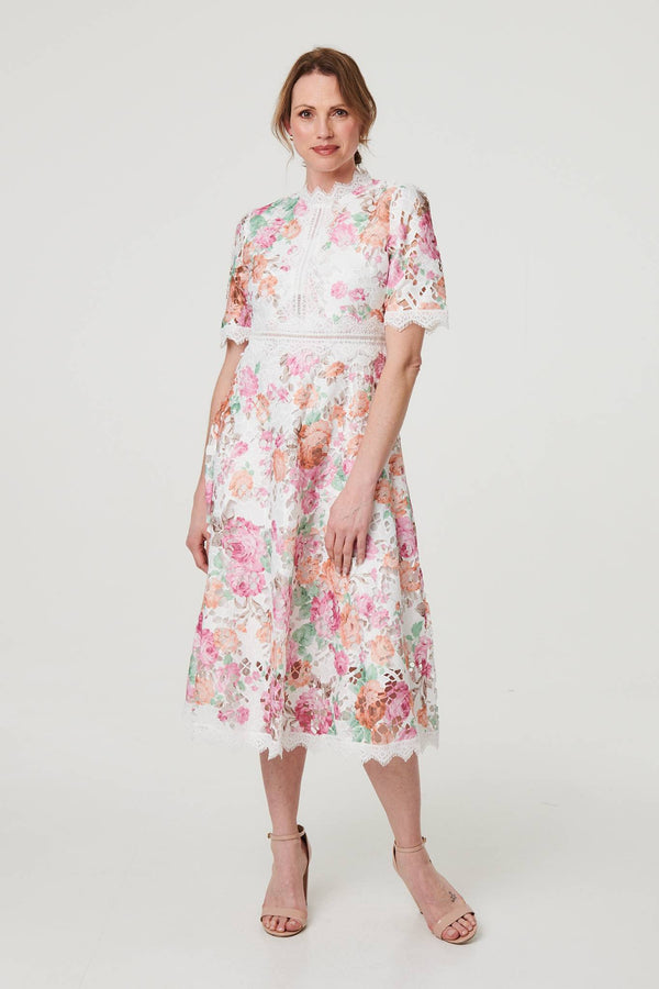 Pink | Floral Lace Trim Semi Sheer Midi Dress : Model is 5'9"/175 cm and wears UK10/EU38/US6/AUS10