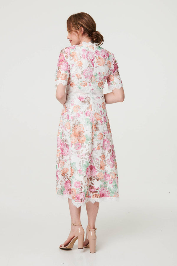 Pink | Floral Lace Trim Semi Sheer Midi Dress
