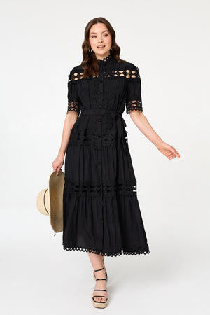 Black | Lace Cut Out Detail Tie Waist Midi Dress