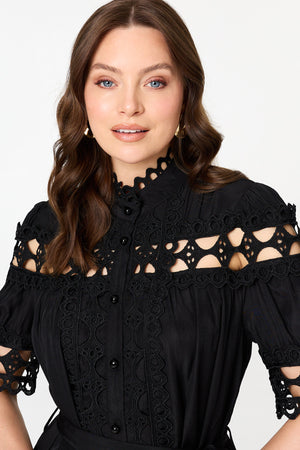 Black | Lace Cut Out Detail Tie Waist Midi Dress