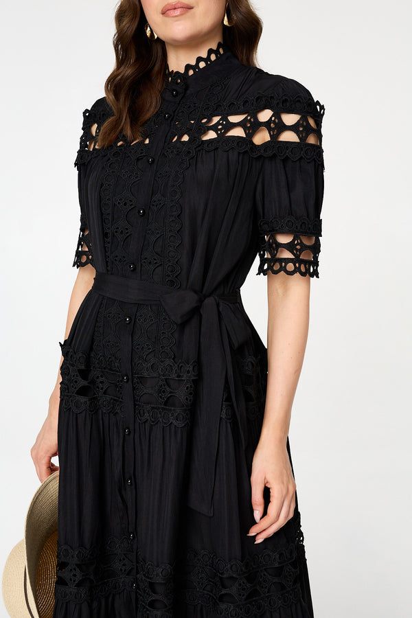 Black | Lace Cut Out Detail Tie Waist Midi Dress