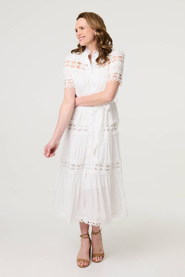 White | Lace Cut Out Detail Tie Waist Midi Dress

