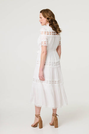 White | Lace Cut Out Detail Tie Waist Midi Dress
