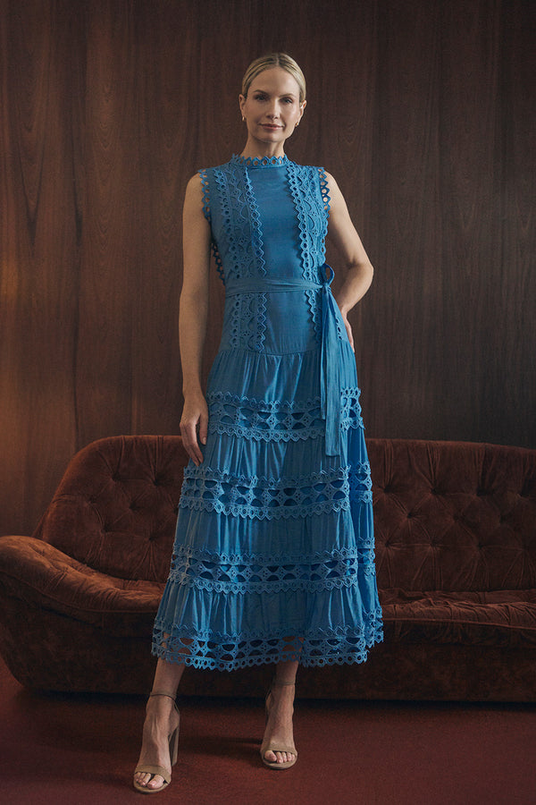 Blue | Lace Layer Sleeveless Tie Maxi Dress : Model is 5'10"/178 cm and wears UK10/EU38/US6/AUS10
