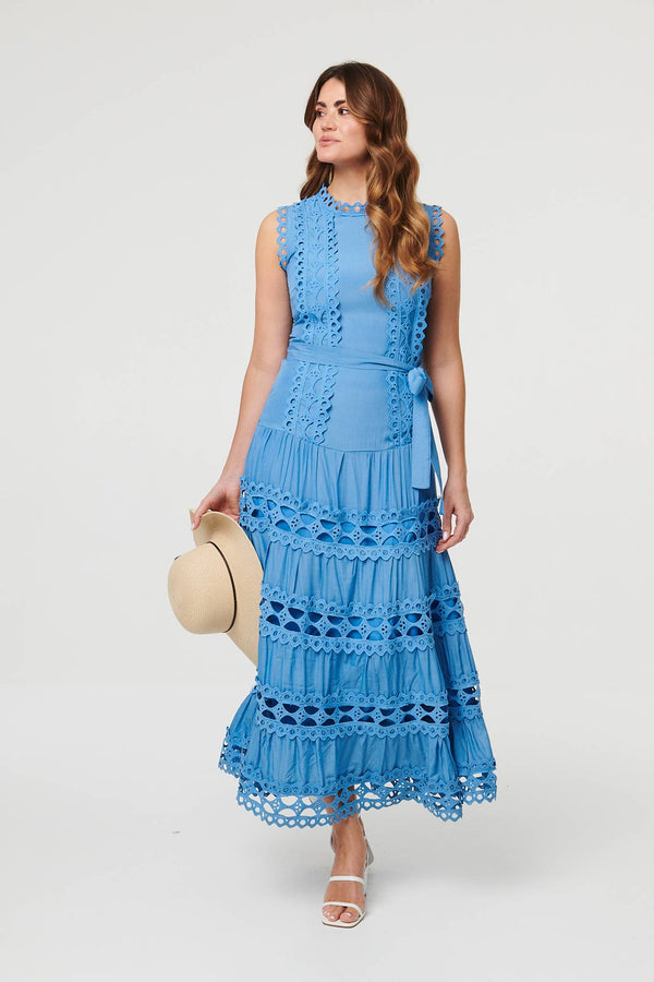Blue | Lace Layer Sleeveless Tie Maxi Dress : Model is 5'9"/175 cm and wears UK10/EU38/US6/AUS10