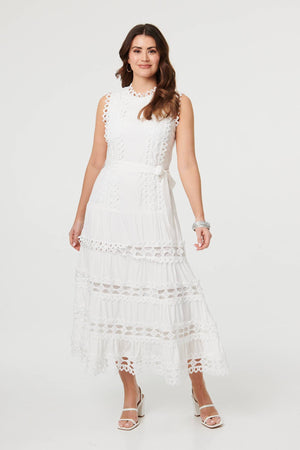 White | Lace Layer Sleeveless Tie Maxi Dress : Model is 5'9