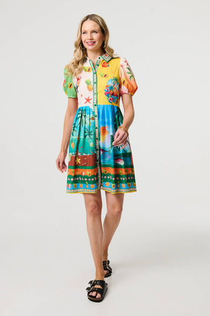 Green | Printed Puff Sleeve Short Shirt Dress

