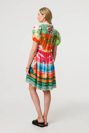 Green | Printed Puff Sleeve Short Shirt Dress
