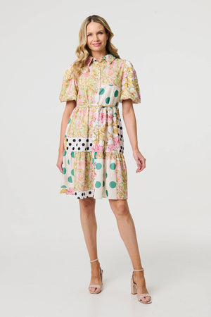 Yellow | Patchwork Print Knee Length Shirt Dress
