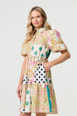 Yellow | Patchwork Print Knee Length Shirt Dress
