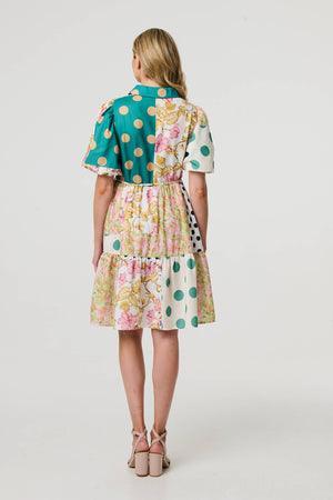 Yellow | Patchwork Print Knee Length Shirt Dress

