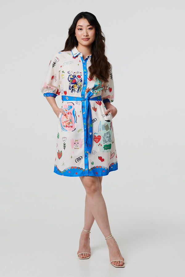 White | Abstract Tie Waist 3/4 Sleeve Shirt Mini Dress
