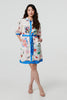 White | Abstract Tie Waist 3/4 Sleeve Shirt Mini Dress
