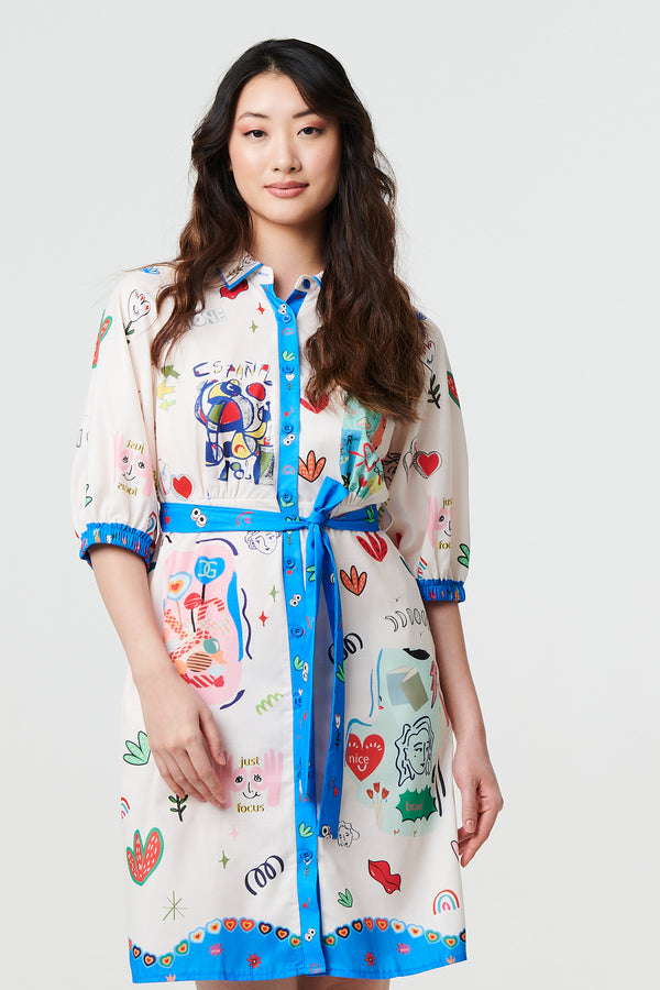 White | Abstract Tie Waist 3/4 Sleeve Shirt Mini Dress
