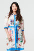 White | Abstract Tie Waist 3/4 Sleeve Shirt Mini Dress
