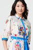 White | Abstract Tie Waist 3/4 Sleeve Shirt Mini Dress
