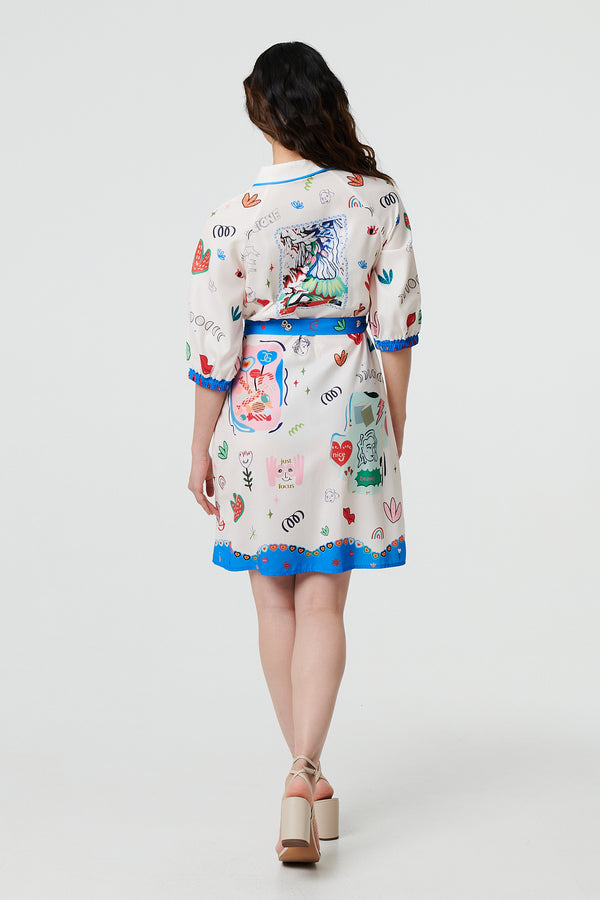 White | Abstract Tie Waist 3/4 Sleeve Shirt Mini Dress
