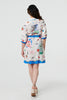 White | Abstract Tie Waist 3/4 Sleeve Shirt Mini Dress
