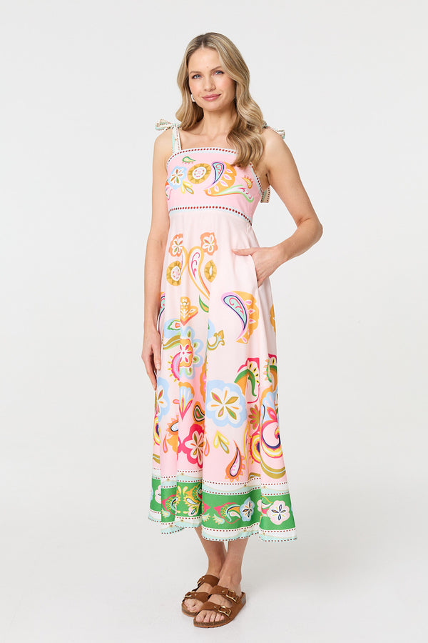 White | Paisley Print Tie Strap Sleeveless Midi Dress
