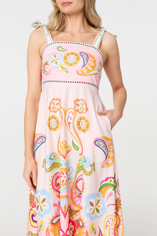 White | Paisley Print Tie Strap Sleeveless Midi Dress
