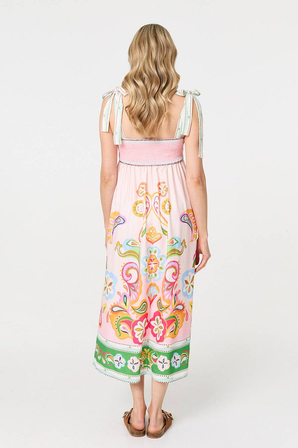 White | Paisley Print Tie Strap Sleeveless Midi Dress
